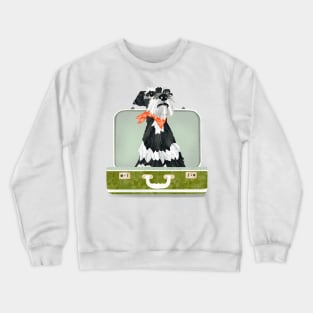 Miniature Schnauzer Dog sitting in an empty vintage  suitcase Crewneck Sweatshirt